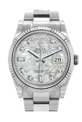 Rolex Day-Date 36 White Mother-Of-Pearl Set With Diamonds Dial Fluted Bezel Oyster Gold Watch 118239